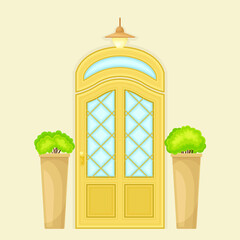 Sticker - Single Door Facade Decorated with Green Bushes in Cachepot and Light Vector Illustration