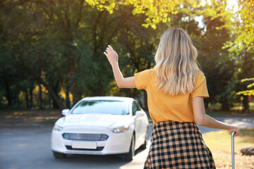 Canvas Print - Woman catching taxi on city street, back view