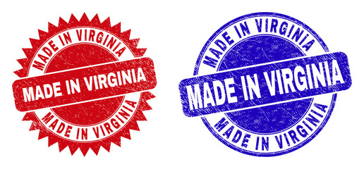 Wall Mural - Round and rosette MADE IN VIRGINIA seal stamps. Flat vector textured seal stamps with MADE IN VIRGINIA caption inside round and sharp rosette shape, in red and blue colors.