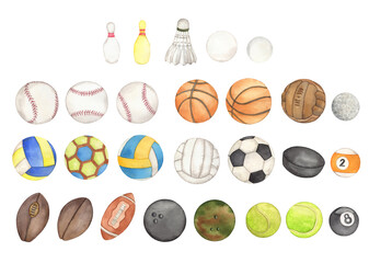 Watercolor Sports balls Hand drawn colorful clipart