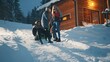 © CameraCraft - Best friends sliding on the sleds downhill in front of the wooden house. Winter season, Christmas holidays. High quality photo