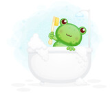 Fototapeta Dinusie - Cute frog lying in the bathtub cartoon illustration Premium Vector
