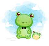 Fototapeta Dinusie - Happy cute frog with chicks having fun cartoon illustration