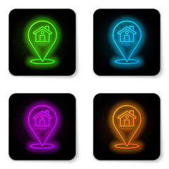 Glowing neon line Map pointer with house icon isolated on white background. Home location marker symbol. Black square button. Vector.