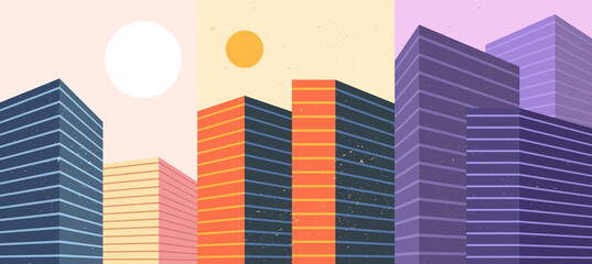 Vector illustration. Modern art background. Color wallpapers set. Minimalist graphic design for poster, cover, brochure, magazine, greeting card. Buildings in geometric line style. Retro graphic