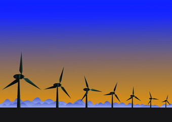 Alternative energy sources, infographic vector concept for business presentation, Offshore wind farm, Wind power at sunset.