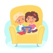 © backup_studio - Kids sitting with tablet. Little boy and girl looking at tablet in yellow armchair. Children with mobile devices vector illustration. Indoor fun activities with electronics