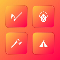 Canvas Print - Set Burning match with fire, Canteen water bottle, Wooden axe and Tourist tent flag icon. Vector.