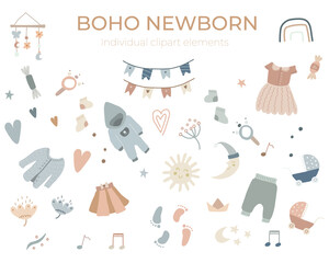 Set of cute boho baby objects in Scandinavian style. Cartoon and trendy newborn illustrations, cliparts, icons 
for invitation card, instagram, room decor, poster. Isolated vector, editable.