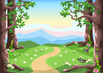 Fairytale background with trees, butterflies, flower meadow, mountains and pink-blue sky in cartoon style. Vector illustration.