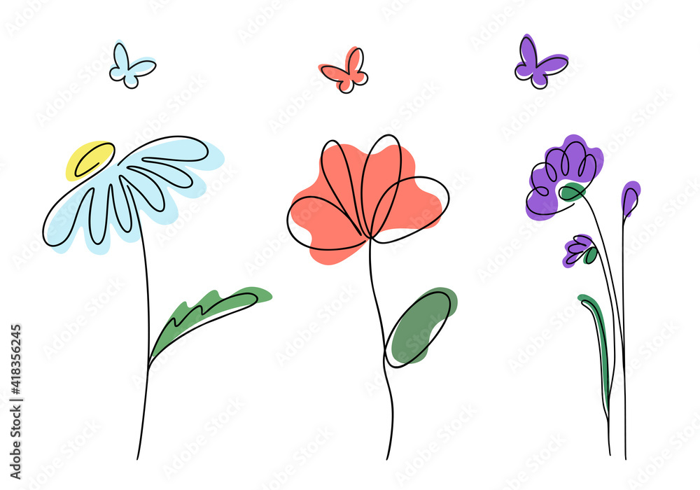 Minimalistic flowers set, trendy line art with colorful abstract shapes. One line drawing. Cornflower, daisy, poppy and butterflies contours. Vector illustration. Isolated on white background.