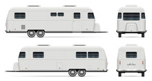 Rv Camping Trailer Vector Mockup On White Background For Vehicle Branding, Corporate Identity. View From Side, Front, Back. All Elements In The Groups On Separate Layers For Easy Editing And Recolor