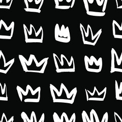 Wall Mural - Seamless pattern with hand drawn black and white crown. Paint objects background for your design. Vector art drawing. Brush  grunge illustration