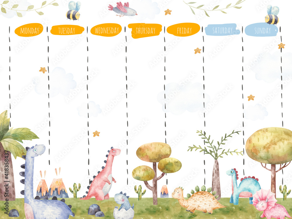 Kids weekly planner with cute dinosaurs cartoon characters, A timetable ...