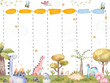 Kids weekly planner with cute dinosaurs  cartoon characters, A timetable for elementary school, Children schedule design template  illustration