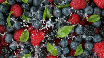 Wall Mural - Top view of berries fruit with water splashes