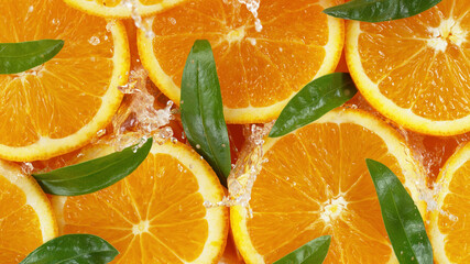 Wall Mural - Top view of sliced orange with water splashes