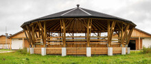 Lunge Ring Arena For Horse Training Outside View. Circle Equestrian Building With Roof. Modern Equestrian Round Pen Place.