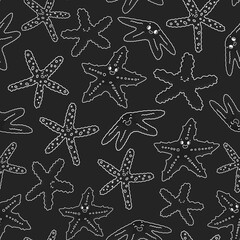 Wall Mural - Seamless vector outline cartoon pattern of sea stars. Smiling starfish with eyes. Doodle of Marine invertebrates with five arms black white colors. Illustration has Chalk blackboard chalkboard effect