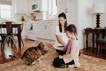 Mother Watching Daughter Play With Cat At Home