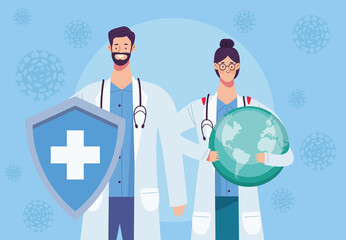 Wall Mural - doctors couple with shield and earth planet