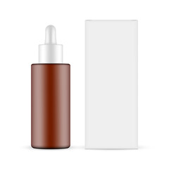 Wall Mural - Plastic Frosted Amber Dropper Bottle with Paper Box Mockup, Front View, Isolated on White Background. Vector Illustration