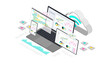 Web development and coding. Cross platform development website. Adaptive layout user interface on screen laptop, tablet and phone. 3d Isometric concept illustration. Cloud Technology