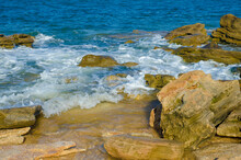USA, Florida. Coquina Rock Formations On Atlantic Ocean Beach.