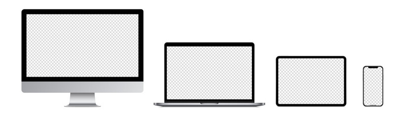 Realistic Device screen mockup. Isolated smartphone, tablet, laptop, PC monitor, with blank screen for you design. Silver color. Vector to PNG illustration
