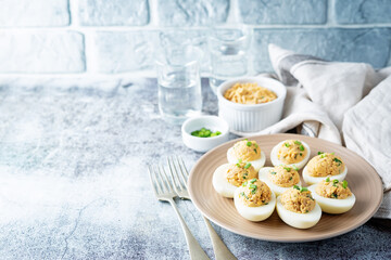 Wall Mural - Canned Tuna deviled eggs with scallion