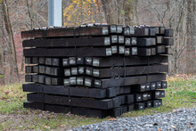 Stack Of Brand New Wooden Railroad Ties Ready To Be Built Into Train Tracks