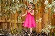Toddler girl in pink dress crying and having a tantrum buy fence and bamboo in yard