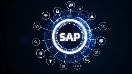 SAP System Software Automation concept on virtual screen data center. Business, modern technology, internet and networking concept.