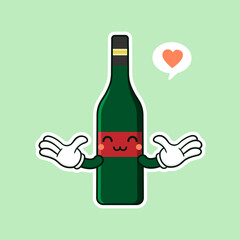 Wall Mural - cute and kawaii wine bottle cartoon character flat style vector illustration. funky smiling glass wine bottle character design template for wine menu or wine map