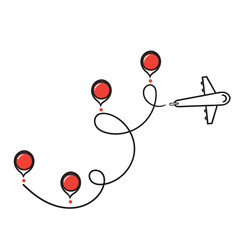 hand drawn doodle plane with map pin icon in route illustration