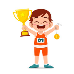 Canvas Print - happy cute little boy holding gold medal and trophy