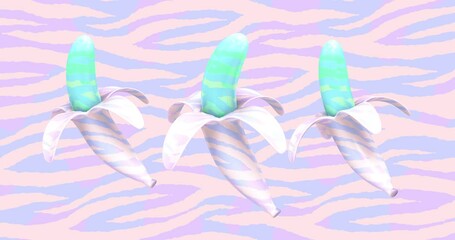 Wall Mural - Minimal motion 3d art. Creative animal print bananas animation. Sweet fruits lover funny concept. 4k video