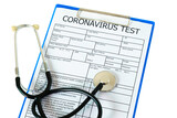 Fototapeta  - Medical documents (medical questionnaire, coronavirus test) with a stethoscope on white background with clipping path