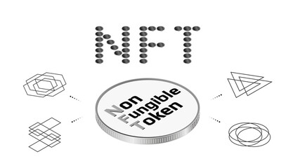 Wall Mural - nft word from coins non fungible tokens infographics with big isometric coin isolated on white. pay 