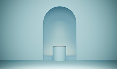 Minimal scene with podium and abstract background. Pastel blue and white colors scene. Trendy 3d render for social media banners, promotion, cosmetic product show. Concept art cave.