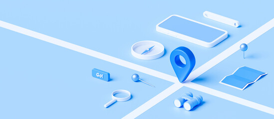 Wall Mural - Isometric of map and location pin or navigation icon sign on blue background with search concept. 3D rendering.