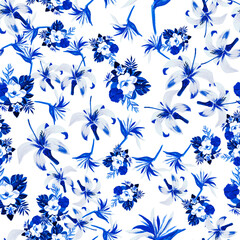  Azure Pattern Texture. Blue Seamless Foliage. White Tropical Textile. Indigo Flower Exotic. Cobalt Wallpaper Palm. Decoration Palm. Watercolor Textile.