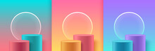 Set Of Modern Trendy Color Cylinder Podiums With Circular Neon, Pastel Empty Room Background. Abstract Vector Rendering 3D Shape For Product Display Presentation. Minimal Wall Scene, Studio Room.