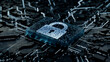 © RocknRoller Studios - Security Technology Concept with lock symbol on a Microchip. Data flows from the CPU across a Futuristic Motherboard. 3D render.