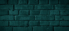 Dark Abstract Turquoise Green Painted Colored Damaged Rustic Grunge Brick Wall / Masonry / Brickwork Texture Background Banner Wallpaper Template
