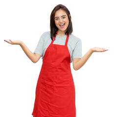 Wall Mural - Motivated caucasian waitress with red apron