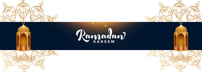 ramadan kareem traditional banner with islamic lamps