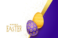 Beautiful Happy Easter Background With Golden And Purple Eggs
