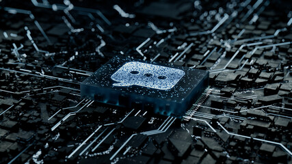 Text Technology Concept with sms symbol on a Microchip. Data flows from the CPU across a Futuristic Motherboard. 3D render.