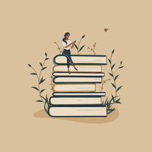 Concept:book Is Source Of Knowledge.Tiny African Woman Sitting On Stack Of Books And Reading Book.Pile Of Volumes Surrounded By Plants As Symbol Of Education.For Library Or Bookstore.Hand Drawn Vector